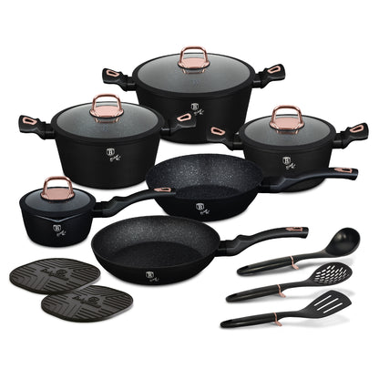 15 Delige Pannenset Zwart/Rose Goud