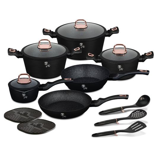 15 Delige Pannenset Zwart/Rose Goud