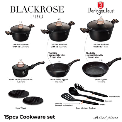 15 Delige Pannenset Zwart/Rose Goud