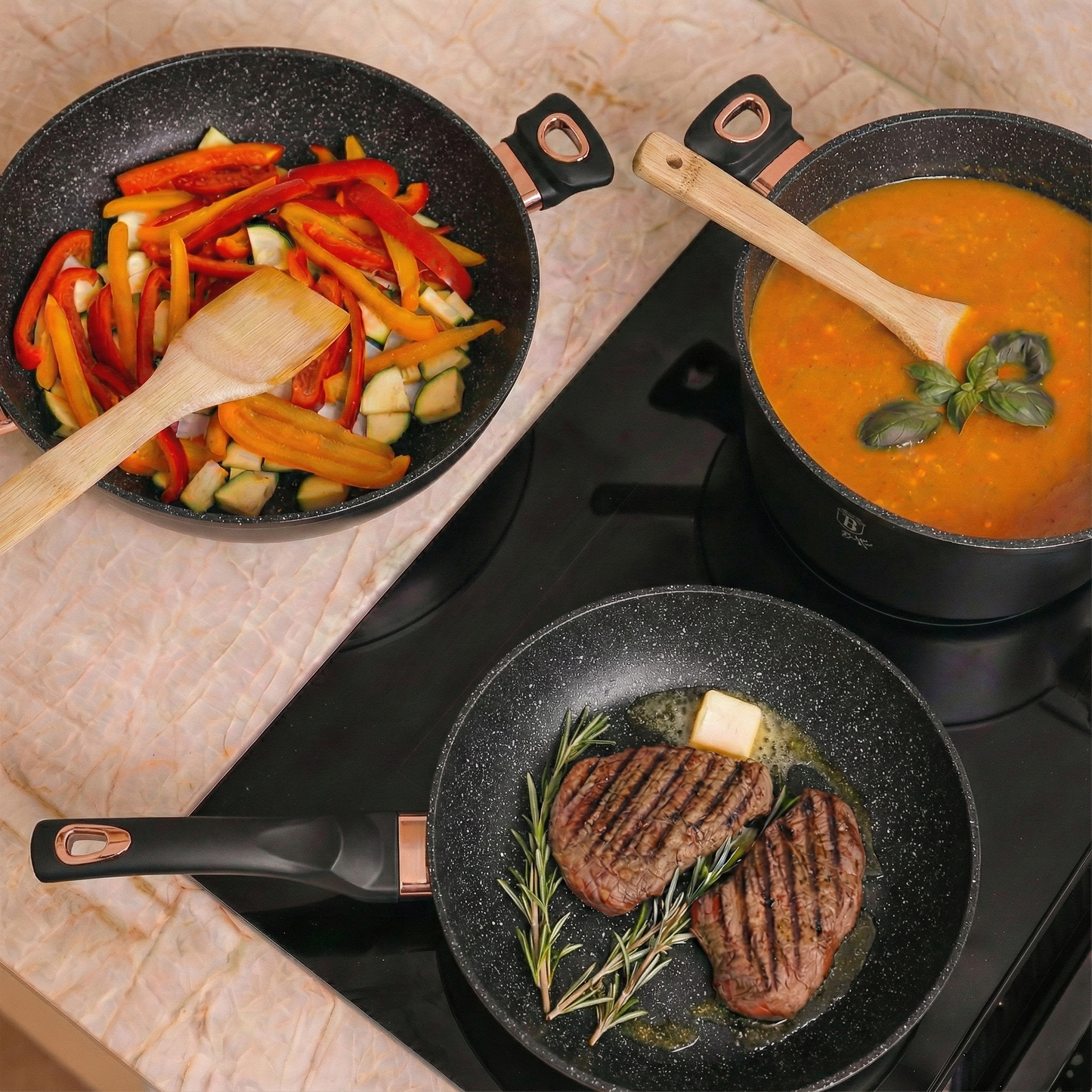 15 Delige Pannenset Zwart/Rose Goud